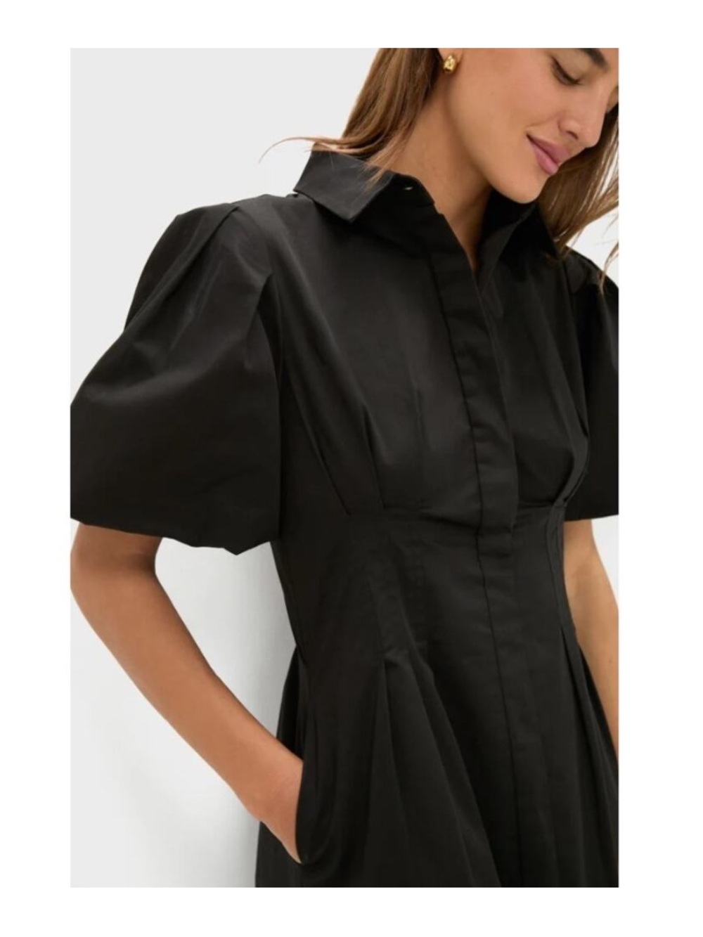 Like New Tuckernuck Delaney Black Puff-Sleeve Midi Shirt Dress - Picture 3 of 5